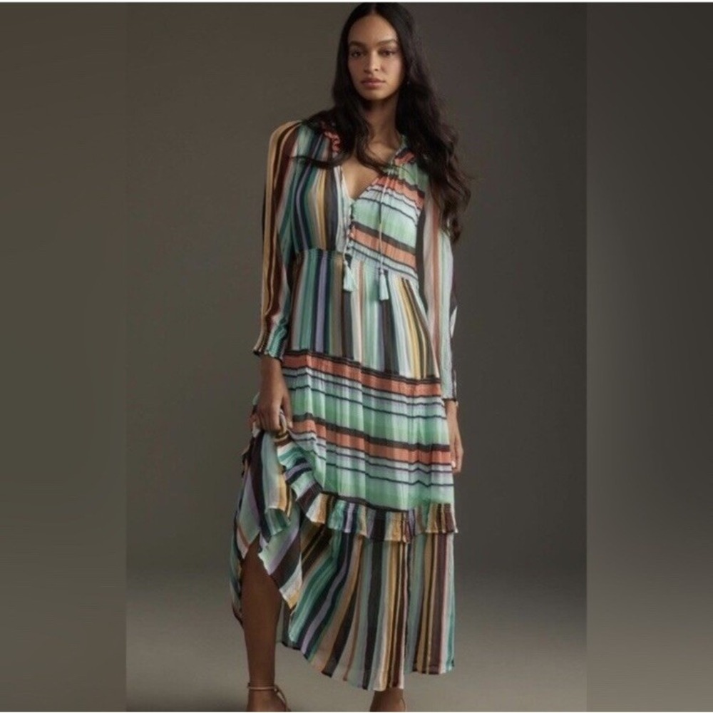 Anthropologie The Marais Printed Striped Chiffon Maxi‎ Dress Size XS Boho Chic